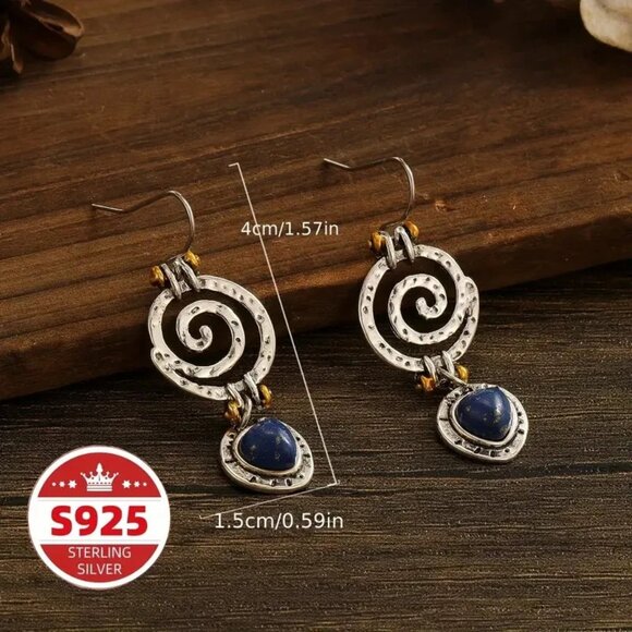 Retro Synthetic Lapis Lazuli Earrings – Hollow Spiral Hammer Hanging Design NWOT - Picture 5 of 6